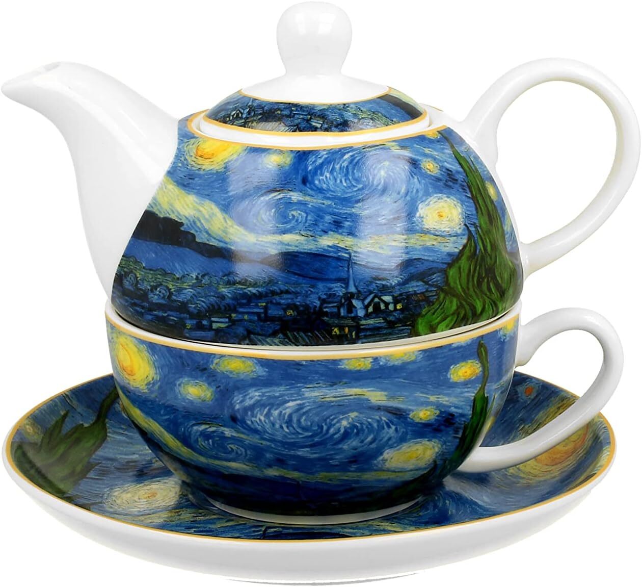  ست فنجان چای و قوری طرح نقاشی شب پرستاره ونگوگ 